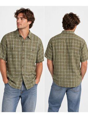 Vintage 90s Y2K The Territory Ahead Linen Shirt Mens M Olive Plaid Short Sleeve